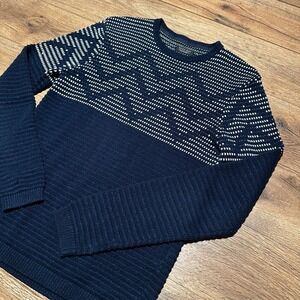 Zara Man Navy Blue White Geometric Knit Sweater Mens Size S